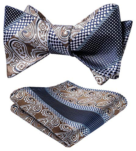 HISDERN Hochzeit Fliege für Herren und Taschentuch Set Self Fliege Blau Blumen Paisley Jacquard (Blau&Braun)