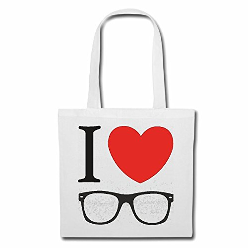 Tasche Umhängetasche I LOVE BRILLE ICH LIEBE BRILLEN GEEK BRILLE NERD BRILLE BRILLENGLÄSER BRILLENFASSUNG NERDBRILLE GEEKBRILLE BRILLENGESTELL Einkaufstasche Schulbeutel Turnbeutel in Weiß