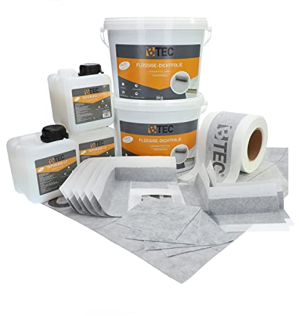 Dicht-Set 5C kleines Bad Standard 15 m² Abdichtungsbahn 12kg Flüssigfolie 3 l Tiefgrund 20 lfdm. Dichtband 6 Innenecken 2 Außenecken 4 Manschetten