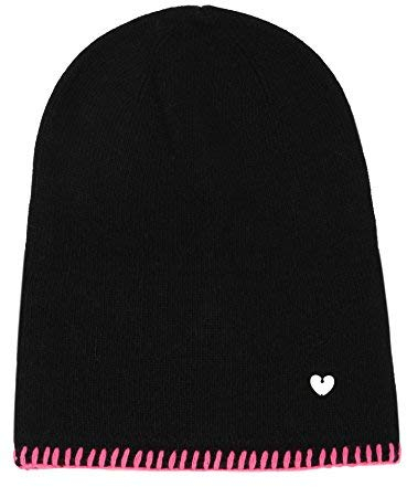 Zwillingsherz Slouch-Beanie-Mütze mit Kaschmir - Hochwertige Strickmütze für Damen Mädchen - Herz - Häkel-Rand - One Size - warm und weich im Sommer Herbst und Winter Zwillingsherz (schw/pin)