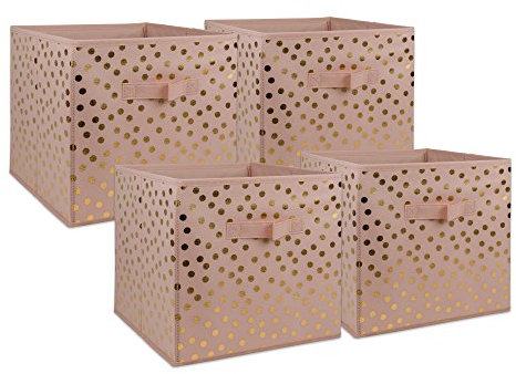 DII Lot de 4 corbeilles pliables en tissu non tissé Motif à pois Rose et doré 28 x 28 x 28 cm
