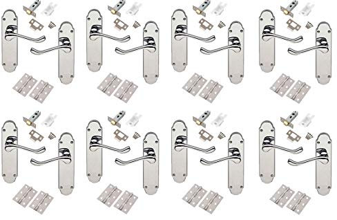 Golden Grace Epsom Design Victorian Scroll Door Handles Lever on Shaped Backplate - Latch Door Pack with Hinges & Latch - Polished Chrome, 8 Sets