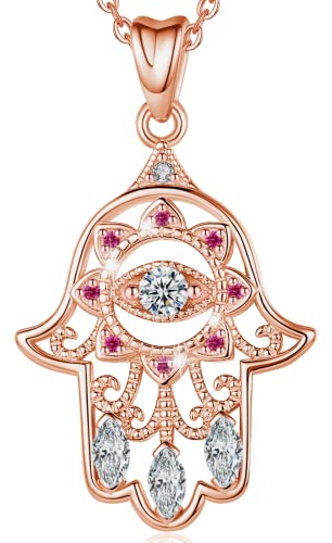 EUDORA 925 Sterling Silber Fatimas Hand Kette Hamsa Hand Halskette Blaue Böse Auge Viel Glück Klar CZ Vintage Anhänger Halskette, 18 Kette (Roségold)