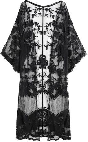 Womens Lace kimono cardigan Sheer Beach Blouses Long Bikini Coverup Vintage Top(Black)