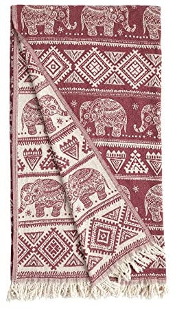 Milam LondonTagesdecke aus Baumwolle im Bohemian-Stil für Kingsize-Betten, Bett- und Sofaüberwurf mit Quasten, wendbare Boho-Decke mit Elefantenmuster, 220 x 240 cm, Burgunderrot