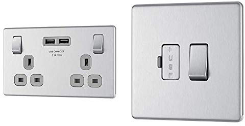 BG Electrical Screwless Flat Plate Double Switched Fast Charging Power Socket, Brushed Steel & Electrical Screwless Flat Plate Switched Fused Connection Unit, Brushed Steel, 13 Amp