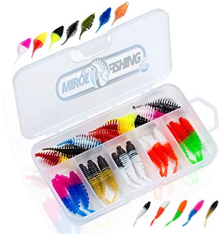 MiRoeFishing Gummiköder Angelköder Gummiwurm 4,8cm zum Spinnfischen auf Forelle und Barsch. 22 Teile im Set mit Box.