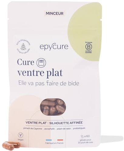EPYCURE - Cure Ventre Plat - Réduction des Graisses Abdominales, Ballonnements, Silhouette Affinée - 100% Naturel - Pépins de raisin, Piment de Cayenne, Probiotiques - 1 Mois - Vegan - Made in France