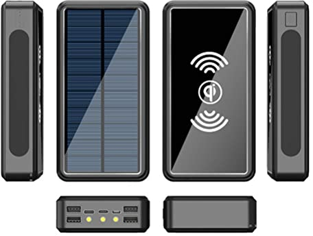 KKPLZZ Solar Power Bank 100000 mAh, Hochleistungs-Solarladegerät mit 4 USB-Anschlüssen, wasserdichtes tragbares drahtloses Ladegerät Externer Akku mit LED-Licht Camping im