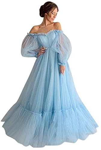 FeMereina Womens Off Shoulder Wedding Dresses Long Sleeve Mesh Bridal Dresses Evening Maxi Dress Long Tulle A-Line Puffy Sleeve Bridal Long Gowns (Blue, Small)