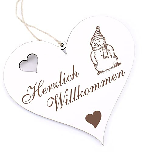 Herzlich Willkommen Schild - Schneemann - Deko Herz Holz Willkommensschild Türschild Dekoschild Türdeko