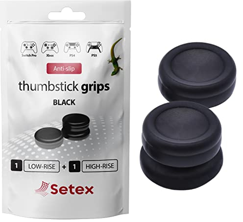 Setex Gecko Grip, 1 High Rise + 1 Low Rise Thumbstick-Griffabdeckung, für Playstation PS5, PS4, Xbox One, Switch Pro, rutschfeste mikrostrukturierte Analogstick-Daumengriffe, Schwarz, nur Abdeckungen