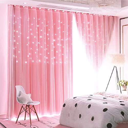 Lanqinglv Verdunkelugsvorhang Kinderzimmer Gardienen 2er Set Sterne Verdunkelung Vorhänge Blickdicht mit Ösen Mädchen Voile Farbverlauf Gardinen Rosa (H 243 x B 132 cm)