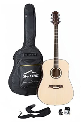 Red Hill Dreadnought Westerngitarre Starter Kit WGS-1 NT, Fichtendecke, X-Bracing, Lindenholz Hals, Palisander Griffbrett, 21 Bünde, Kunststoffsattel, Walnuss Steg, Druckguss-Mechaniken, inklusive