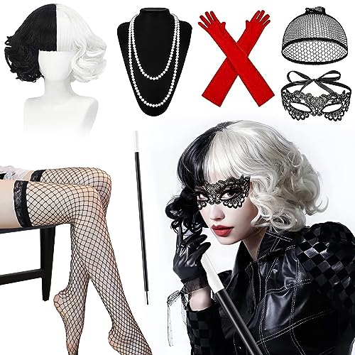 Cruella Kostüm Damen,Halloween Kostüm Damen,70er Jahre Accessoires,Kurze Schwarze und Weiße Perücke mit Damen Spitze Maske,Netzstrümpfe Damen,Handschuhe Halskette Set,für Fasching