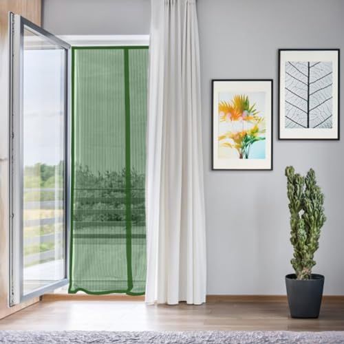 Magnetisches Fliegengitter für Türen und Fenster – 140 x 240 cm – Fliegengitter mit Magneten für Balkontür und Terrasse – schließt von selbst – im Set mit Reißnägeln und Klettverschluss (grün)