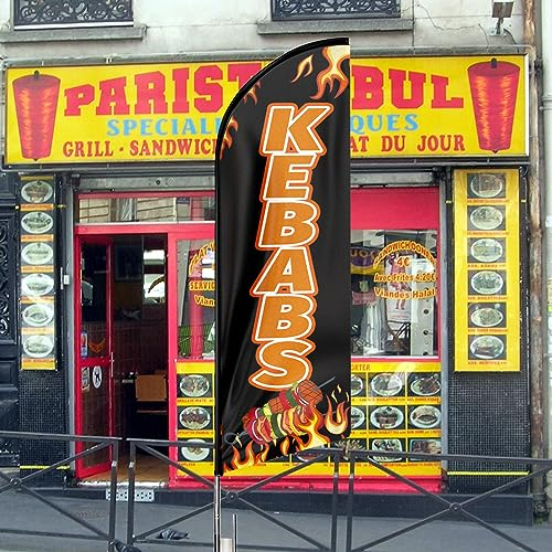 QSUM Kebabs Drapeau Swooper, drapeau publicitaire de 3,4 m avec kit de poteau, piquet, panneaux de kebabs à plumes pour entreprises et vitrines