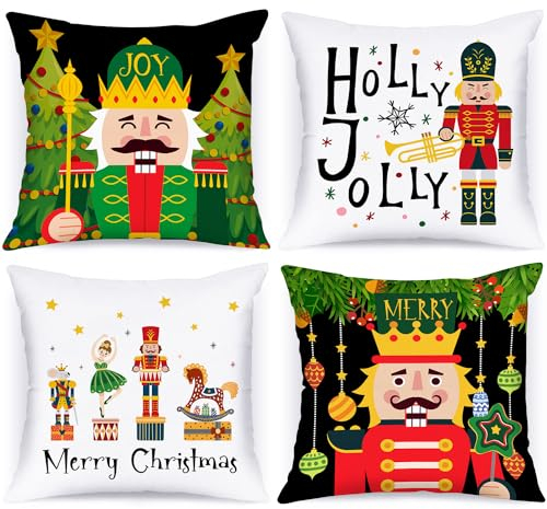 Lanpn 4 Stück Nussknacker Kissenbezug Weihnachten Kissenhülle 50x50 cm, Grün Nussknacker Dekorative Weihnachtskissen 50 x 50 für Weihnachtsdeko Christmas Bettwäsche Sofa Decorations