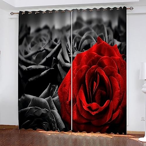 3D Schattierung Vorhänge - Rote Graue Rose Gardinenschal Vorhang Für Wohnzimmer Schlafzimmer Schlaufenschal Isolierung Lärmminderung Mädchen Raumdek