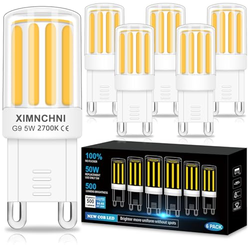 XIMNCHNI G9 LED Lampe Warmweiß, 5W 500LM G9 LED Leuchtmittel Ersatz 50W Halogenlampen 3000K, 360° Abstrahlwinkel, Nicht Dimmbar Kein Flimmern, Geeignet für Kronleuchter Interieur Dekoration 6er Pack