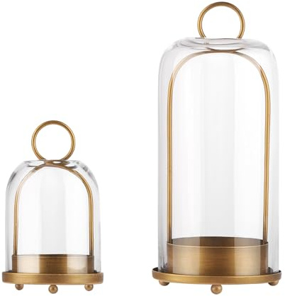 5 & 4 Wide Versatile Metal Candle Holder with Handmade Sturdy Glass Dome in Brass for Pillar Candle & Plants, 5.1 xH11.8 4 xH7.5, Industrial, Farmhouse, Shabby Chic. (2, Brass, Large & Small)