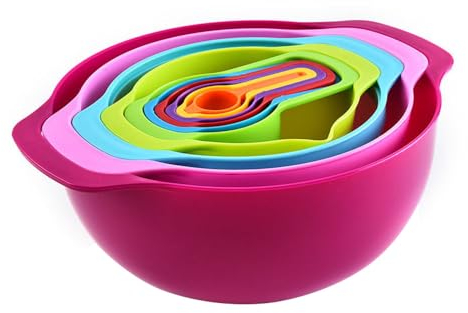 10Pcs Nesting Bowls Sets, Colorful Plastic Mixing Bowl with Sieve, Spoons and Measuring Cups for Kitchen Food Prep