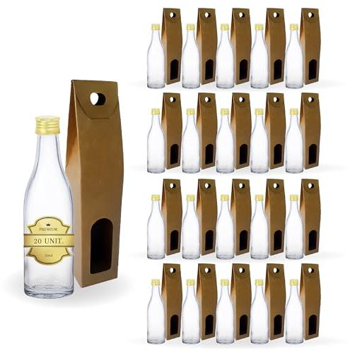 Espirito Rebelde 20 Mini Bouteilles en Verre 50 ml avec Bouchon à Vis Doré + Boîte | Mini Flacons d'Alcool 5 cl, Petites Fioles d'Échantillons | Cadeaux, Mariages