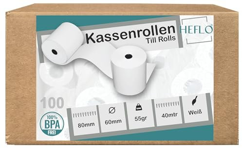 HEFLO 100 Thermorollen 80mm X 59mm, 50m lang, Ø 59mm, Kern 12 mm, BPA freies Thermopapier, Kassenrollen passend für Epson, Bixolon, Metapace, SNBC, Orderman, Sewoo, Star, Citizen