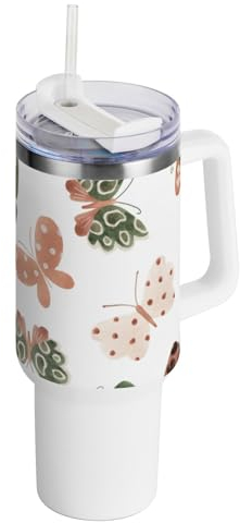 linqin Wunderschöner süßer Wasserfarben-Schmetterlings-Vakuumbecher, isoliert, auslaufsicherer Deckel und Strohhalm, breite Öffnung, große Kaffeetasse für Schule, Sport, Kindertagesstätte, Camping