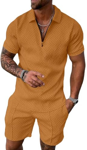 Hoefirm Herren Trainingsanzug Sommer Sportanzug 2 Teiliges Business Polo Hemd Set Kurzarm T-Shirts Kurze Hose Freizeitanzug Gelb M