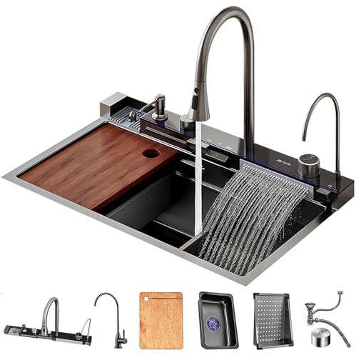 Wasserfall-Küchenspüle aus Edelstahl, Digitalanzeige, Zwei Wasserfallausgänge, mit Pull-The-Hahn-Workstation-Spüle, mit Druckbecherwascher