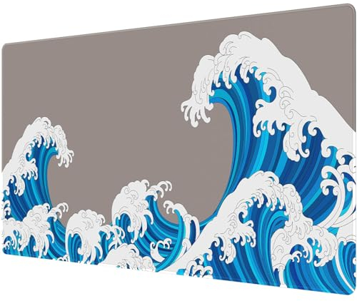 Anpollo Grande Mouse Pad Desk Mat 900 x 400 x 3mm Cool Sea Wave Texture Antiscivolo Base Wave Mousepad Bordi cuciti Tastiera Mouse Mat Desk Pad per Office Home Game - Onda mare grigia e bianca