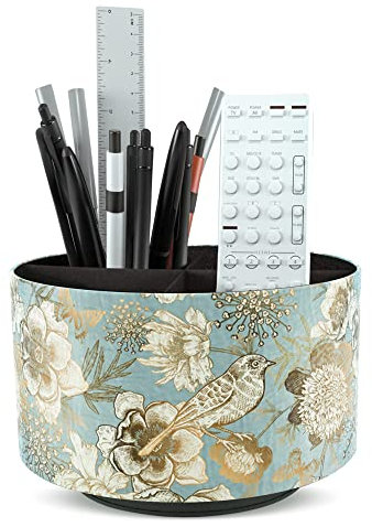 Czzmy Rotation range télécommande,Circulaire Support de télécommande en PU Cuir avec 4 Compartiments,Organisateur de bureau multifonction pour TV telecommande,Lunettes,Crayons(1-L'oiseau bleu)