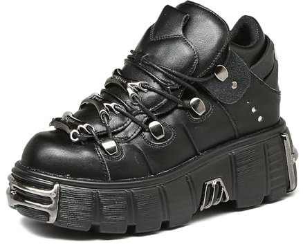 Vintage Lace-up Scarpe Da Donna Heavy Metal Platform Low-top Punk Piccole Scarpe In Pelle Scuro Stivali Moto, Nero, 39.5 EU