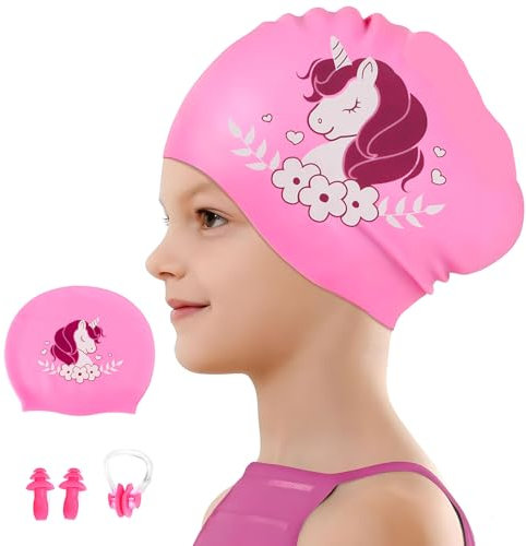 Cuffia da Nuoto Bambina Cuffia Piscina Unicorno in Silicone per Ragazza con Clip per Naso Cuffia per Capelli Lunghi Tappi per le Orecchie Impermeabile Antiscivolo