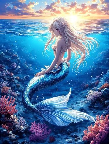 Meerjungfrau Meer Diamant Painting Bilder, 5D Diamond Painting Set, DIY Diamond Painting Mosaikherstellung Malen Nach Zahlen Full Drill Malerei für Erwachsene Kinder Room Decor Wohnwand 90x120cm P-683
