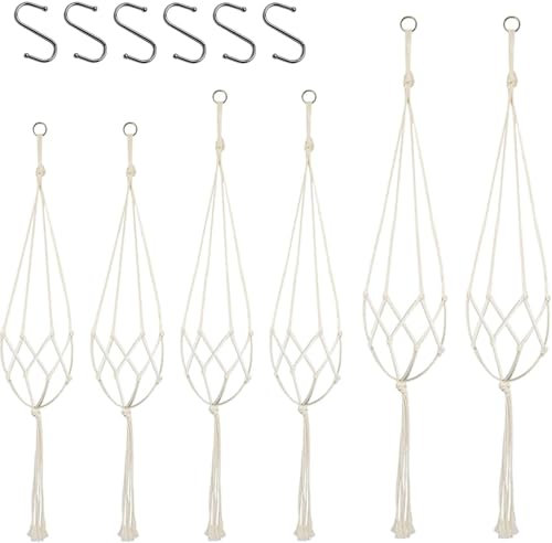 IUSOT 6 Pack Macrame Plant Hanger With 6 Hooks, Jute Rope Baskets for Indoor Outdoor Plants, Home Garden Decor (60/80/100 cm)