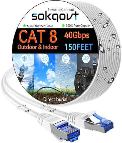 Sokqovt Cable Ethernet Cat 8 delgado de 150 pies para exteriores, cable de Internet Cat8 de cobre puro para enterramiento directo y impermeable, cable Ethernet Cat8 flexible 40G 2000 MHz, cable de red