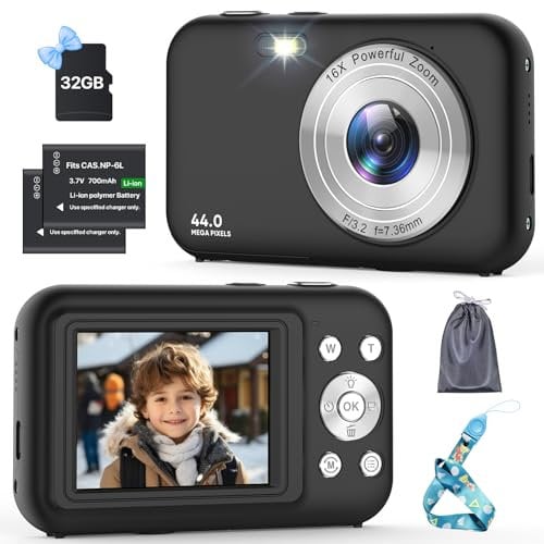 Cámara Digital Compacta con Tarjeta 32GB, FHD 1080P 44MP Cámara de Fotos, Portátil Recargable Cámara Fotos con Zoom 16X y 2 Pilas Cámara para Niños, Principiantes, Adulto(Negro)