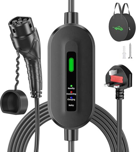 ENERHUB EV Charger Cable Type 2 to 3 Pin Plug 13A, 3.3kW Electric Car Charger with LED Indicators, Type 2 EV Charging Cable, with Carry Bag for IEC 62196 EVs and PHEVs (10M)