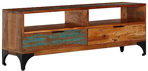 CINDERFUL TV-Schrank 118x35x45 cm Altholz Massiv,Antiker TVSchrank aus Altholz mit industriellem Flair für MultimediaGeräte TV-Möbel, TV-Bänke