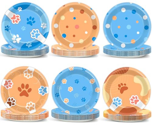 Justforjoyful 48pcs Blue Dog Paw Print Paper Plates, 7in Paw Shaped Disposable Dessert Plates for Puppy Birthday Party Decor