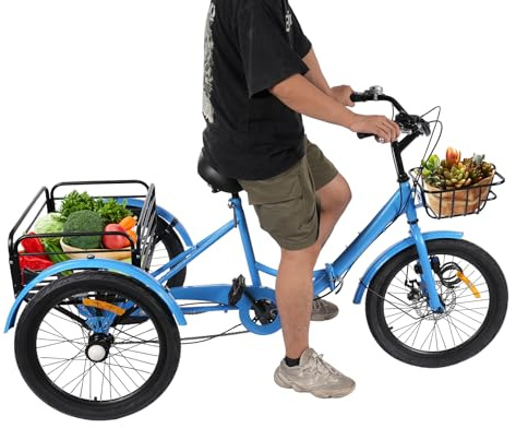 Begoniape 20 Zoll Dreirad, 7 Gänge Dreirad Fahrrad Klappbar, 3 Rad Fahrrad für Erwachsene und Senioren, Einstellbare Tricycle Dreirad City-Dreirad mit Einkaufskorb, 130 Kg Tragfähigkeit (Blau)