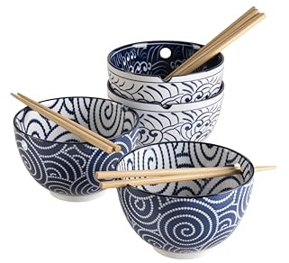 MÄSER, Serie Jurka, Bowl mit Essstäbchen für 4 Personen, asiatische Schale für Ramen, Pho und Nudel Bowls, Porzellan, Blau/Weiß