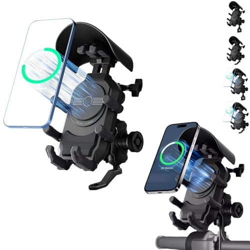 HFLWYWD Motorcycle Phone Mount with Qi 15W Wireless Charger & 30W PD/USB-C Fast Charging Port,360°Rotatable Anti-Theft Motorcycle Cell Phone Holder with Rainproof Cap (Mirror Style With Charger)