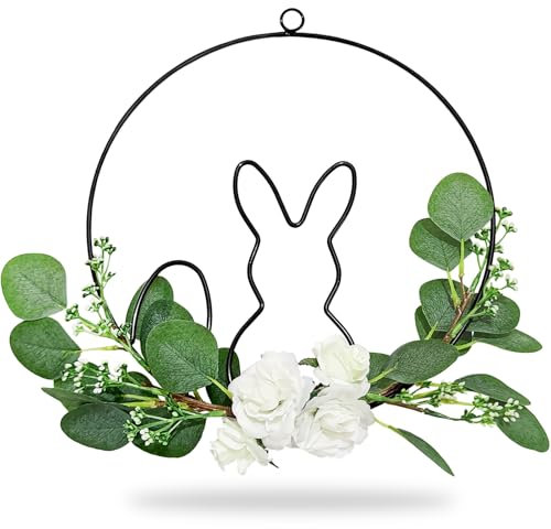 Dumeher Osterkranz, 30cm Metallring mit Hase und Osterei in schwarz Hasenkränze Frühlingsdeko Osterdeko Osterhase mit Künstlicheblumen und Eukalyptus, Frühlingsgefühle