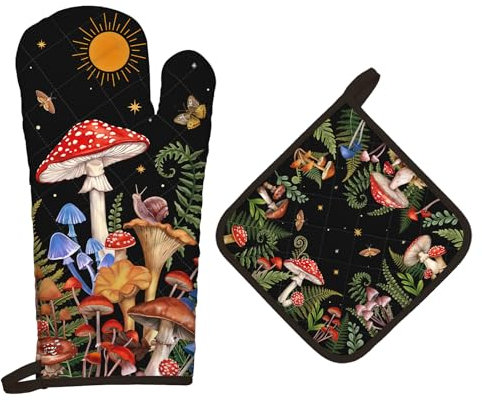 Arquiel Ofenhandschuh und Topflappen Pilz 2er Set, 100% Baumwolle Kochhandschuhe, Hitzebeständiger Küchenhandschuh Zum Kochen Backen Grillen Geschenk