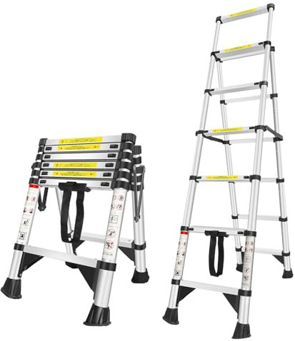 Telescopic Ladder 5+6 Step,Aluminum Lightweight Extension Ladder with Automatic Locking,Non-Slip Feet,Load 150kg/330lb,Multi-Purpose Collapsible Ladder for Household and Outdoor Working