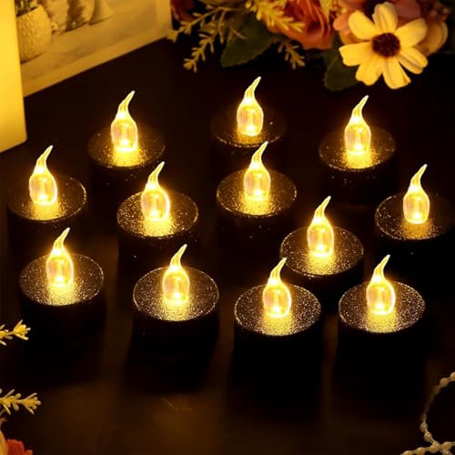 YiYFiT Noir Scintillant a mené lumière à thé Bougies, 12-Pack Chaud Jaune Batterie Scintillante Fausse lumière à thé réaliste lumière à thé sans Flamme