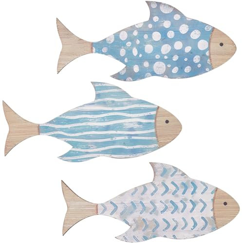 GORGECRAFT 3Pcs 3 Styles Wood Fish Wall Decor Wooden Nautical Coastal Beach Fishes Wall Sculpture Vintage Ocean Lake House Art Hanging Decorations for Bathroom Home Outdoor Party Crafts